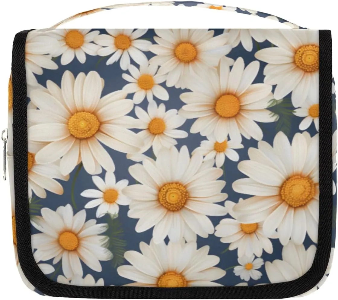 Botanical Daisies Hanging Travel Toiletry Bag Kit Makeup Case Cosmetics Organizer White Flowers Toiletry Bag for Women Make up Accessories Shampoo Body Cream Brushes Set