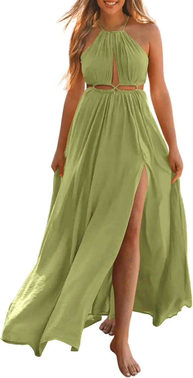 BTFBM Women Halter Summer Dresses 2025 Sleeveless Cutout Backless Sundress Slit Boho Casual Maxi Wedding Beach Dress
