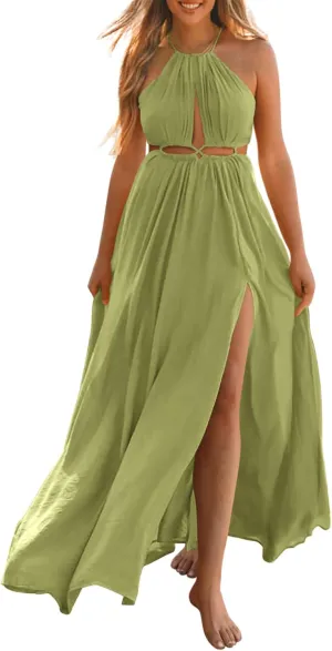 BTFBM Women Halter Summer Dresses 2025 Sleeveless Cutout Backless Sundress Slit Boho Casual Maxi Wedding Beach Dress