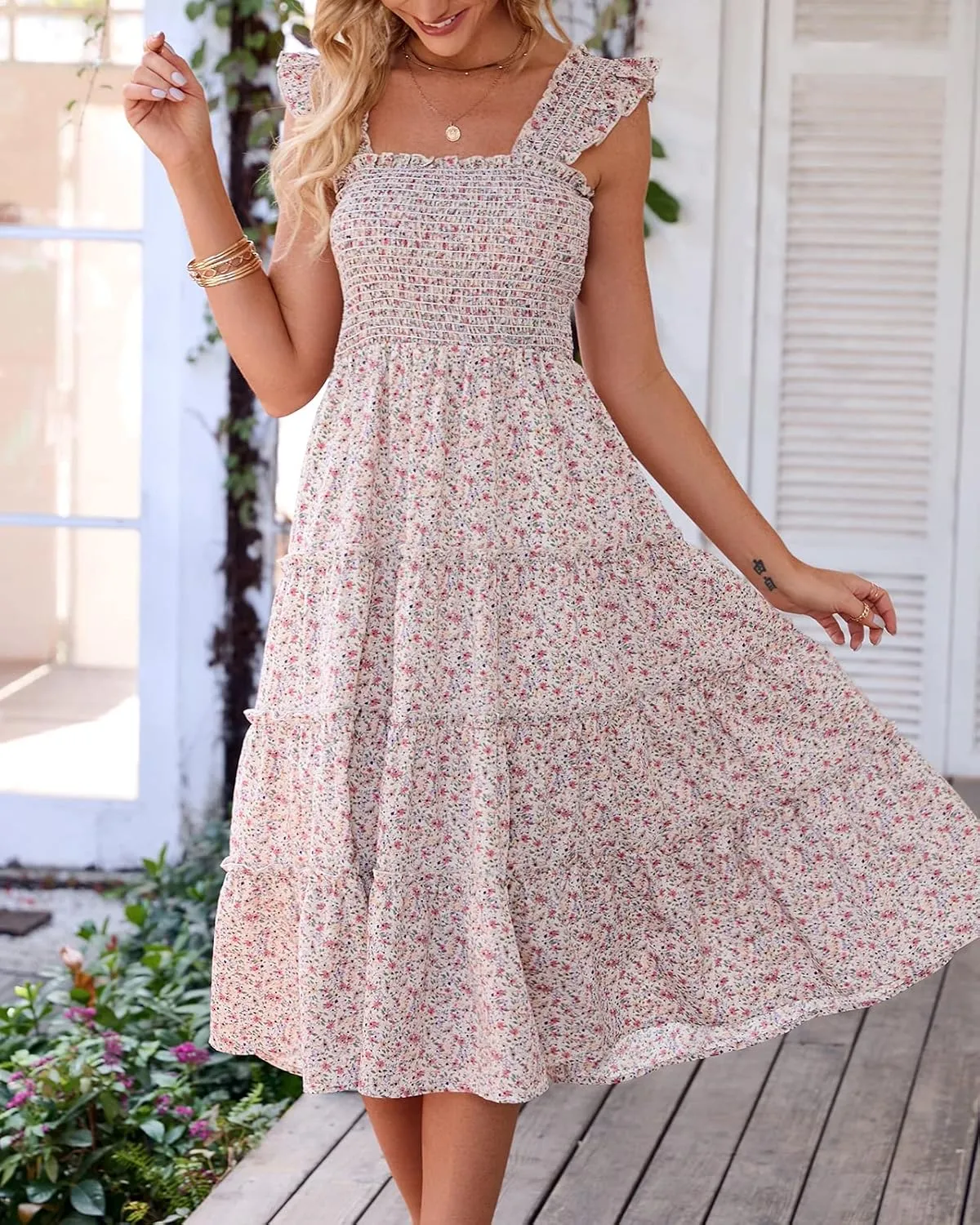 BTFBM Womens Summer Boho Smocked Beach Dresses Sleeveless Shoulder Strap Floral Flowy Tiered Party Midi Casual Sundress
