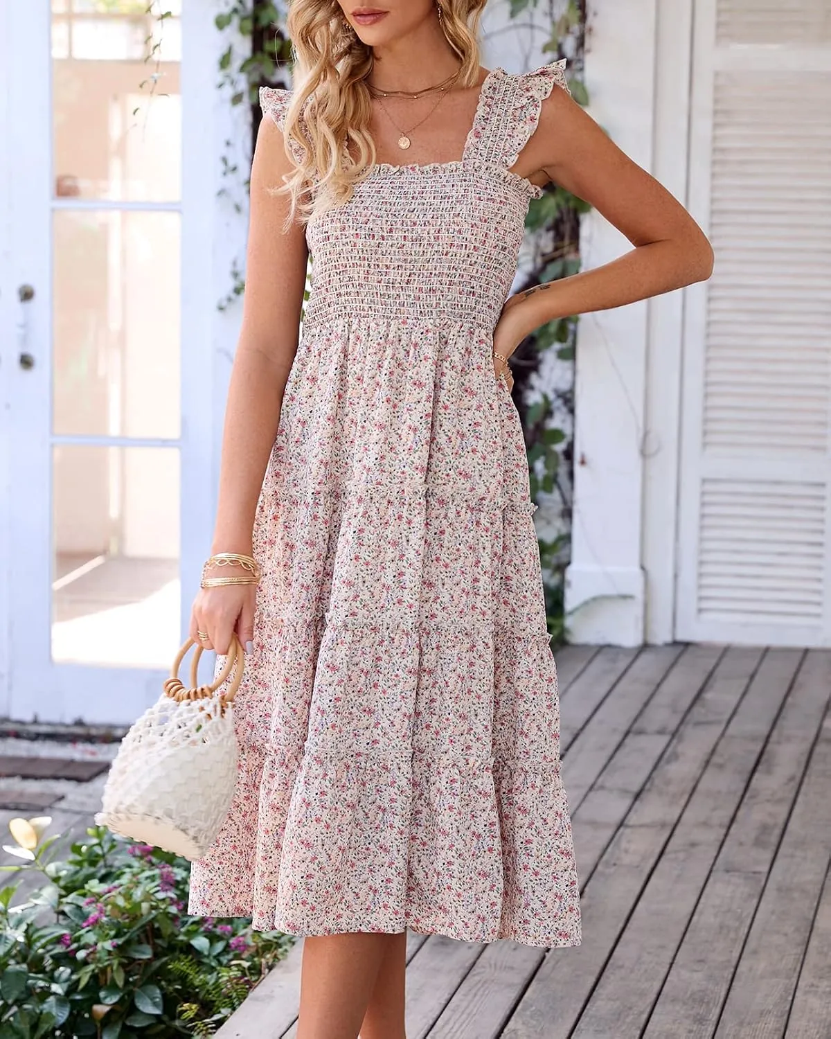 BTFBM Womens Summer Boho Smocked Beach Dresses Sleeveless Shoulder Strap Floral Flowy Tiered Party Midi Casual Sundress