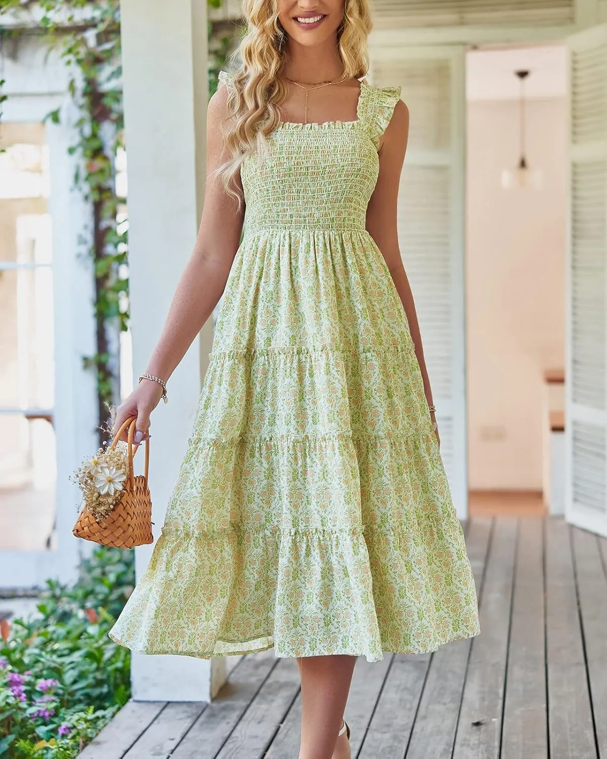 BTFBM Womens Summer Boho Smocked Beach Dresses Sleeveless Shoulder Strap Floral Flowy Tiered Party Midi Casual Sundress