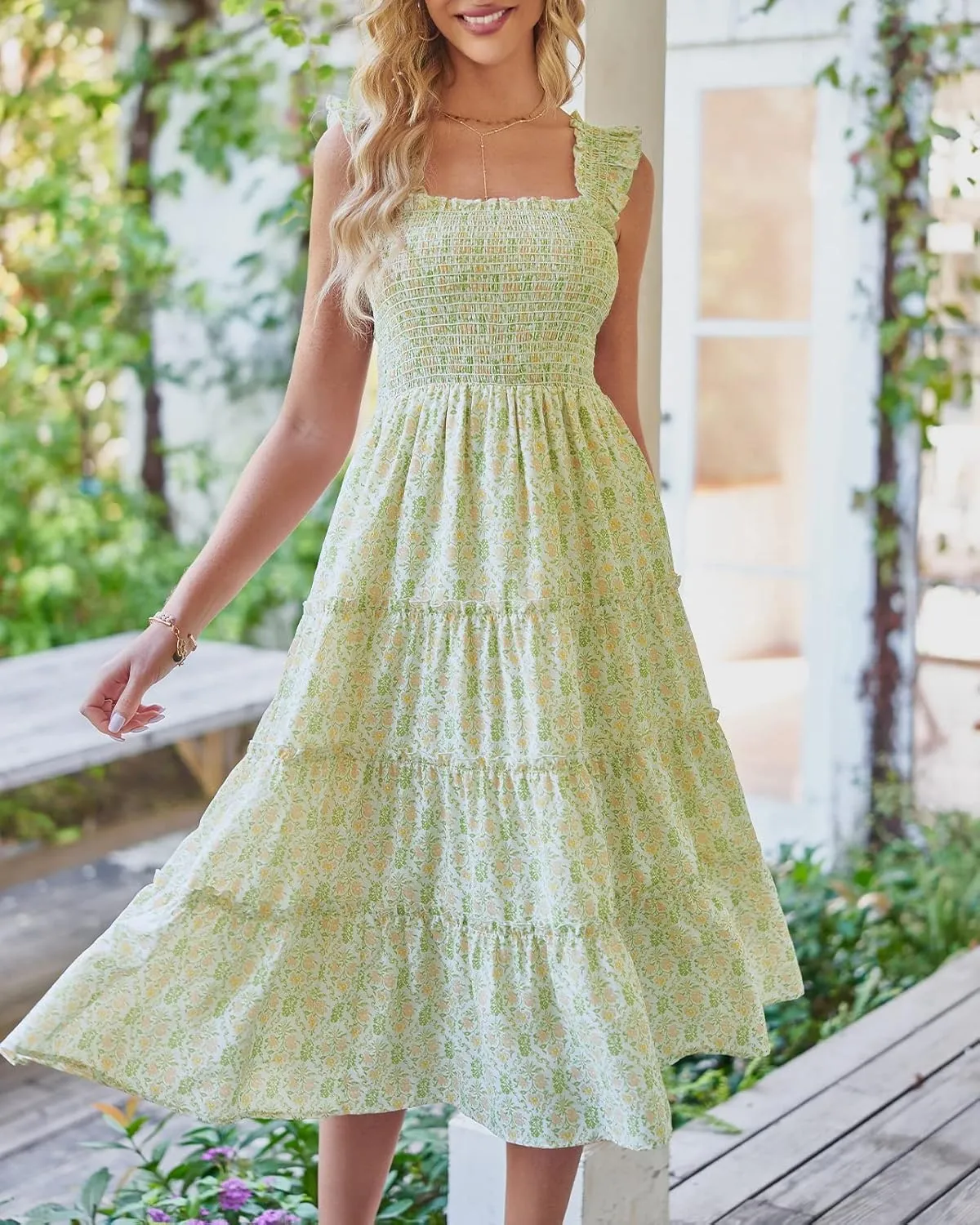 BTFBM Womens Summer Boho Smocked Beach Dresses Sleeveless Shoulder Strap Floral Flowy Tiered Party Midi Casual Sundress