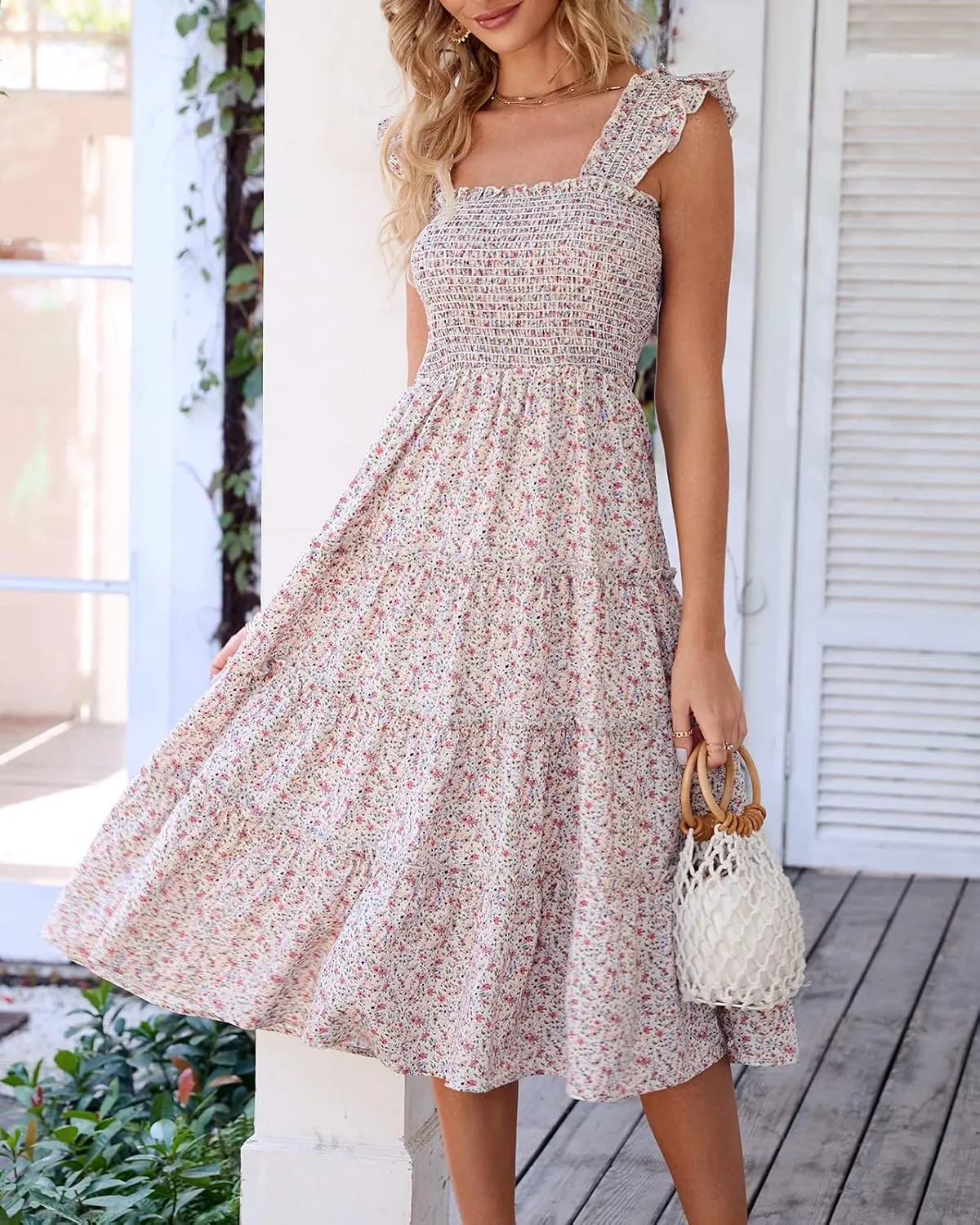 BTFBM Womens Summer Boho Smocked Beach Dresses Sleeveless Shoulder Strap Floral Flowy Tiered Party Midi Casual Sundress