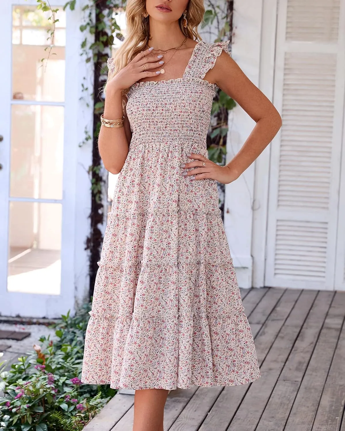 BTFBM Womens Summer Boho Smocked Beach Dresses Sleeveless Shoulder Strap Floral Flowy Tiered Party Midi Casual Sundress