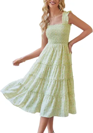 BTFBM Womens Summer Boho Smocked Beach Dresses Sleeveless Shoulder Strap Floral Flowy Tiered Party Midi Casual Sundress