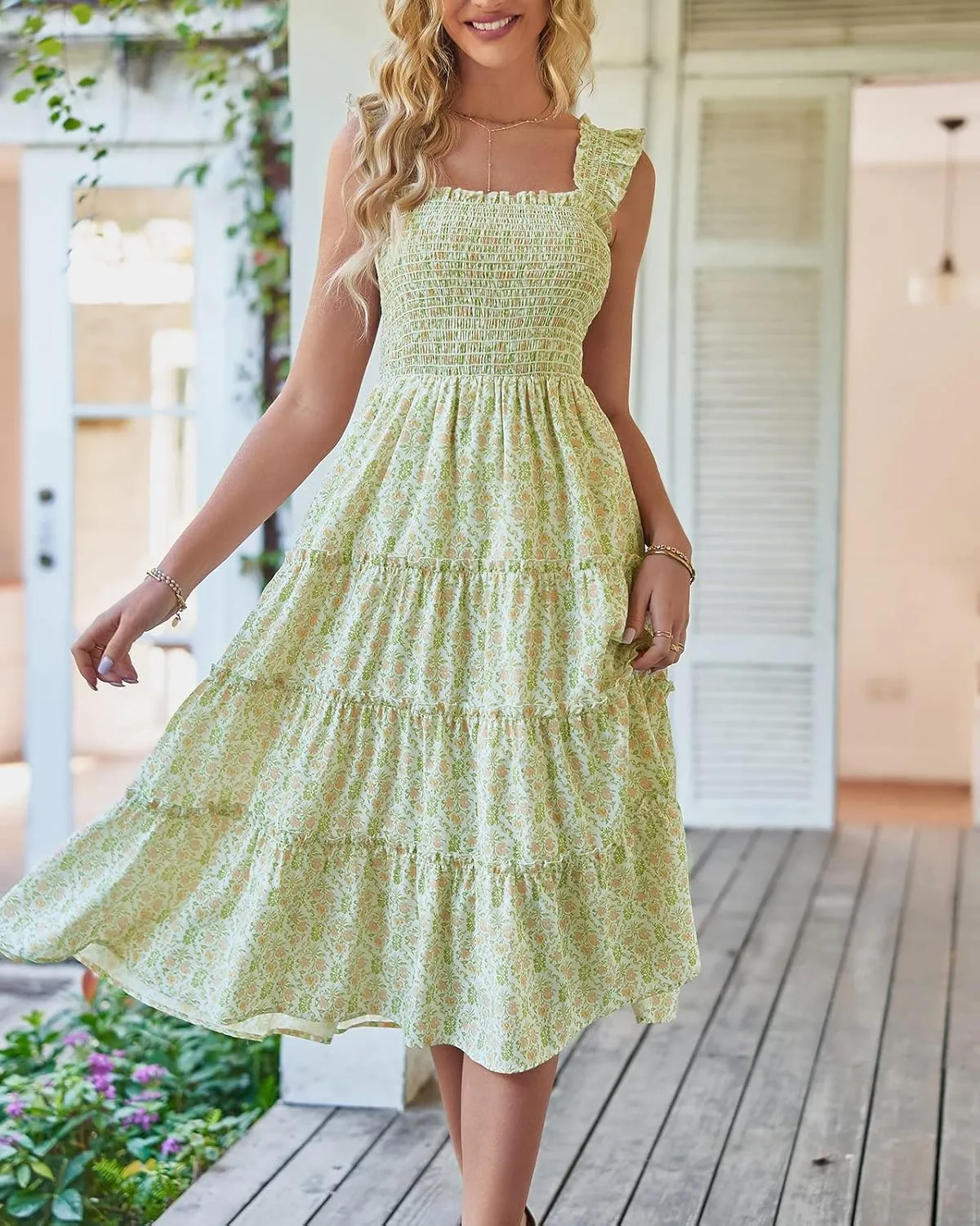 BTFBM Womens Summer Boho Smocked Beach Dresses Sleeveless Shoulder Strap Floral Flowy Tiered Party Midi Casual Sundress