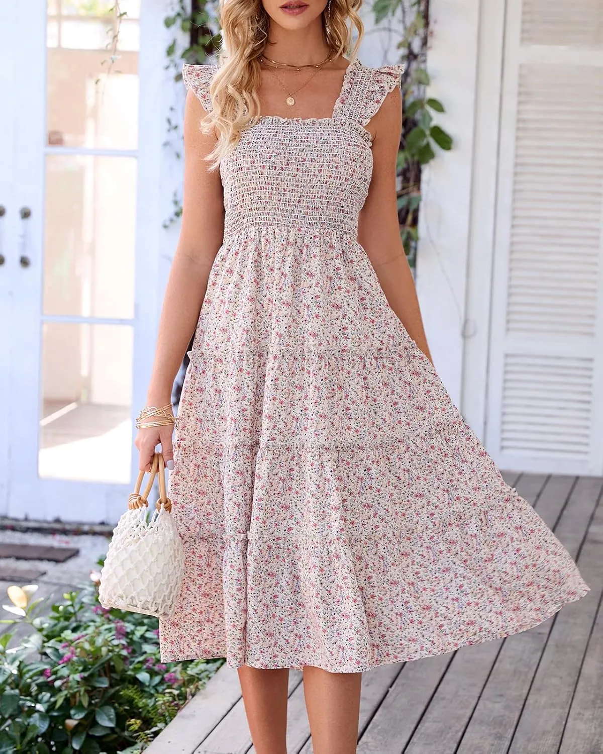 BTFBM Womens Summer Boho Smocked Beach Dresses Sleeveless Shoulder Strap Floral Flowy Tiered Party Midi Casual Sundress