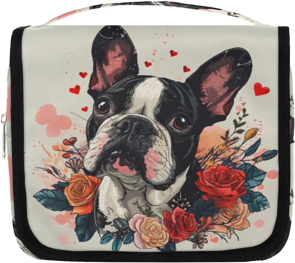 Bulldog Hanging Travel Toiletry Bag Kit Makeup Case Cosmetics Organizer Valentine's Day Toiletry Bag for Women Make up Accessories Shampoo Body Cream Brushes Set