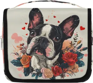 Bulldog Hanging Travel Toiletry Bag Kit Makeup Case Cosmetics Organizer Valentine's Day Toiletry Bag for Women Make up Accessories Shampoo Body Cream Brushes Set