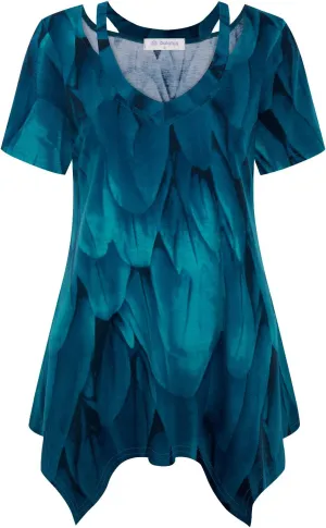 Bulotus Womens Short Sleeve Tunic Tops Cut Out V Neck Dressy Casual Loose Fit Long Tops
