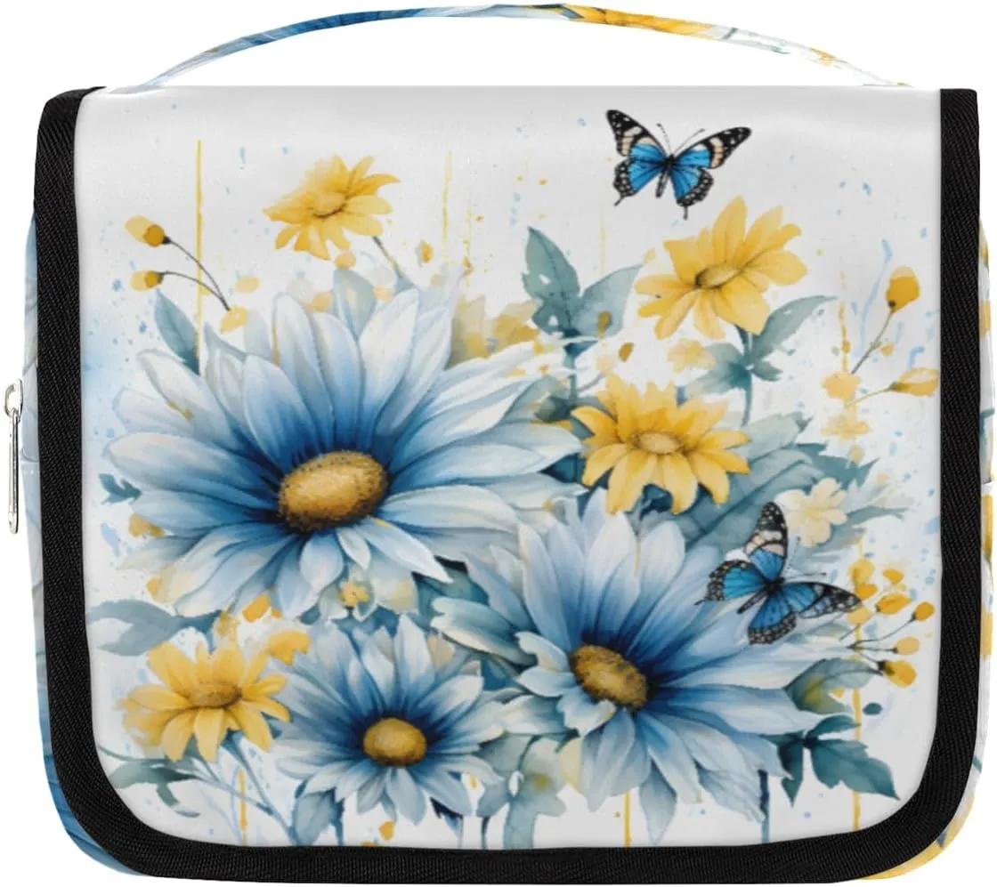 Butterfly Daisy Hanging Travel Toiletry Bag Kit Makeup Case Cosmetics Organizer Floral Toiletry Bag for Women Make up Accessories Shampoo Body Cream Brushes Set