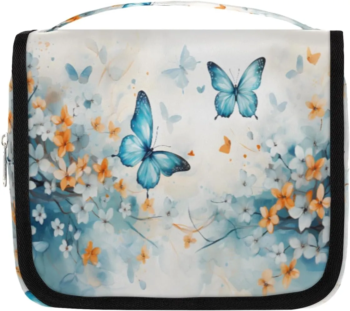 Butterfly Hanging Travel Toiletry Bag Kit Makeup Case Cosmetics Organizer Butterfly Floral Toiletry Bag for Women Make up Accessories Shampoo Body Cream Brushes Set