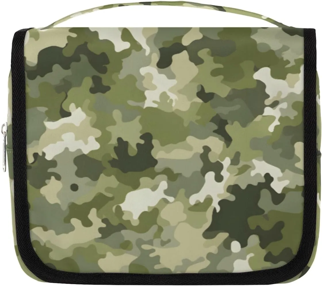 Camo Green Hanging Travel Toiletry Bag Kit Makeup Case Cosmetics Organizer Military Texture Toiletry Bag for Women Make up Accessories Shampoo Body Cream Brushes Set