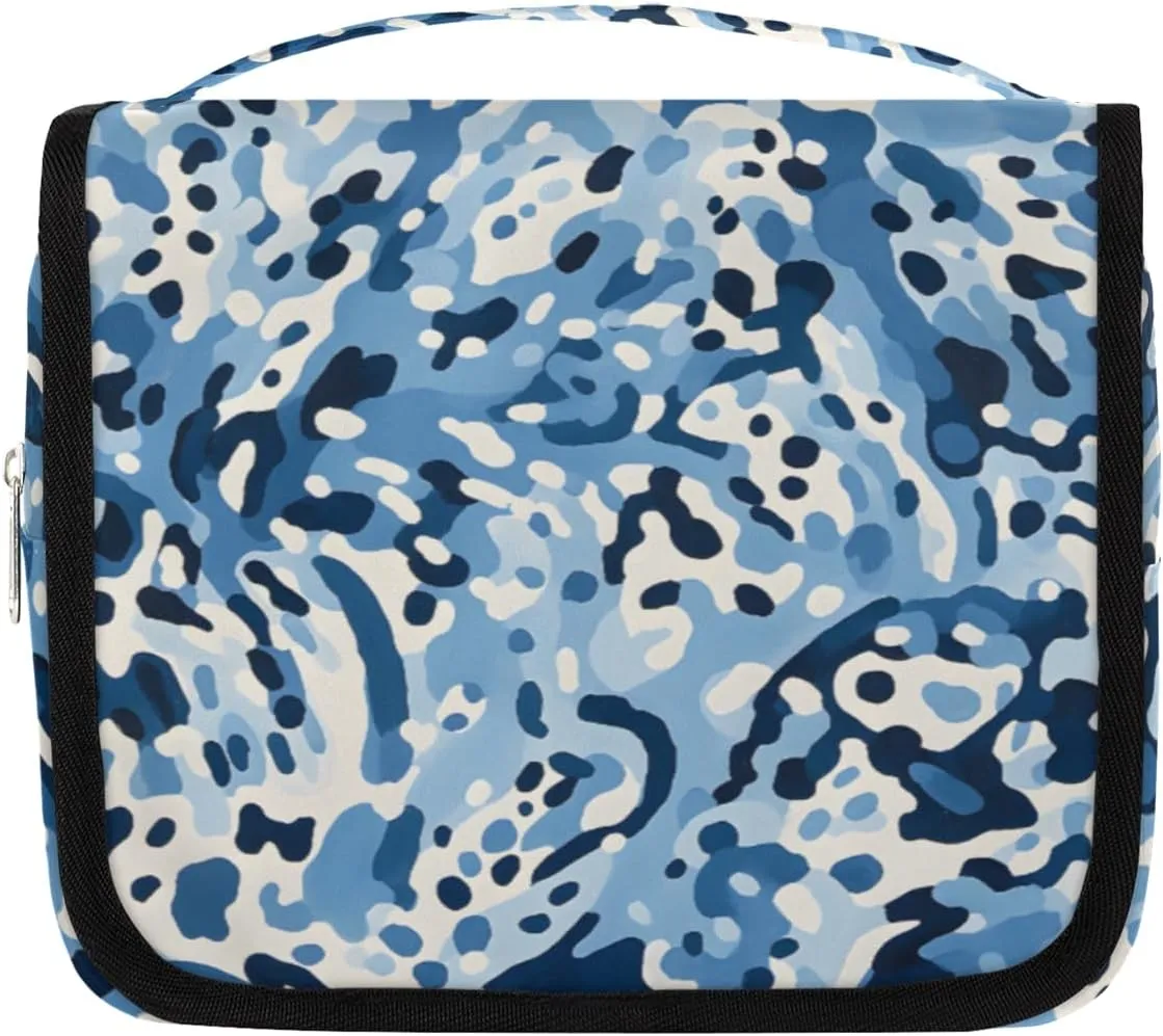 Camouflage Hanging Travel Toiletry Bag Kit Makeup Case Cosmetics Organizer Fashionable Blue Camo Toiletry Bag for Women Make up Accessories Shampoo Body Cream Brushes Set