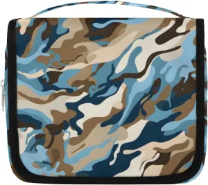 Camouflage Pattern Hanging Travel Toiletry Bag Kit Makeup Case Cosmetics Organizer Camo Blue Toiletry Bag for Women Make up Accessories Shampoo Body Cream Brushes Set