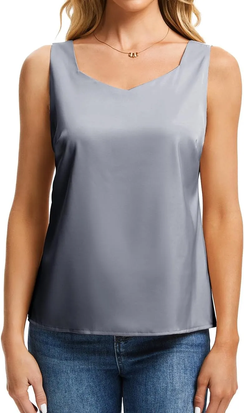 CAPE CLIQUE Silk Satin Tank Tops for Women V Neck Sleeveless Camisole 2025 Summer Basic Blouses Work Outfits Shirts