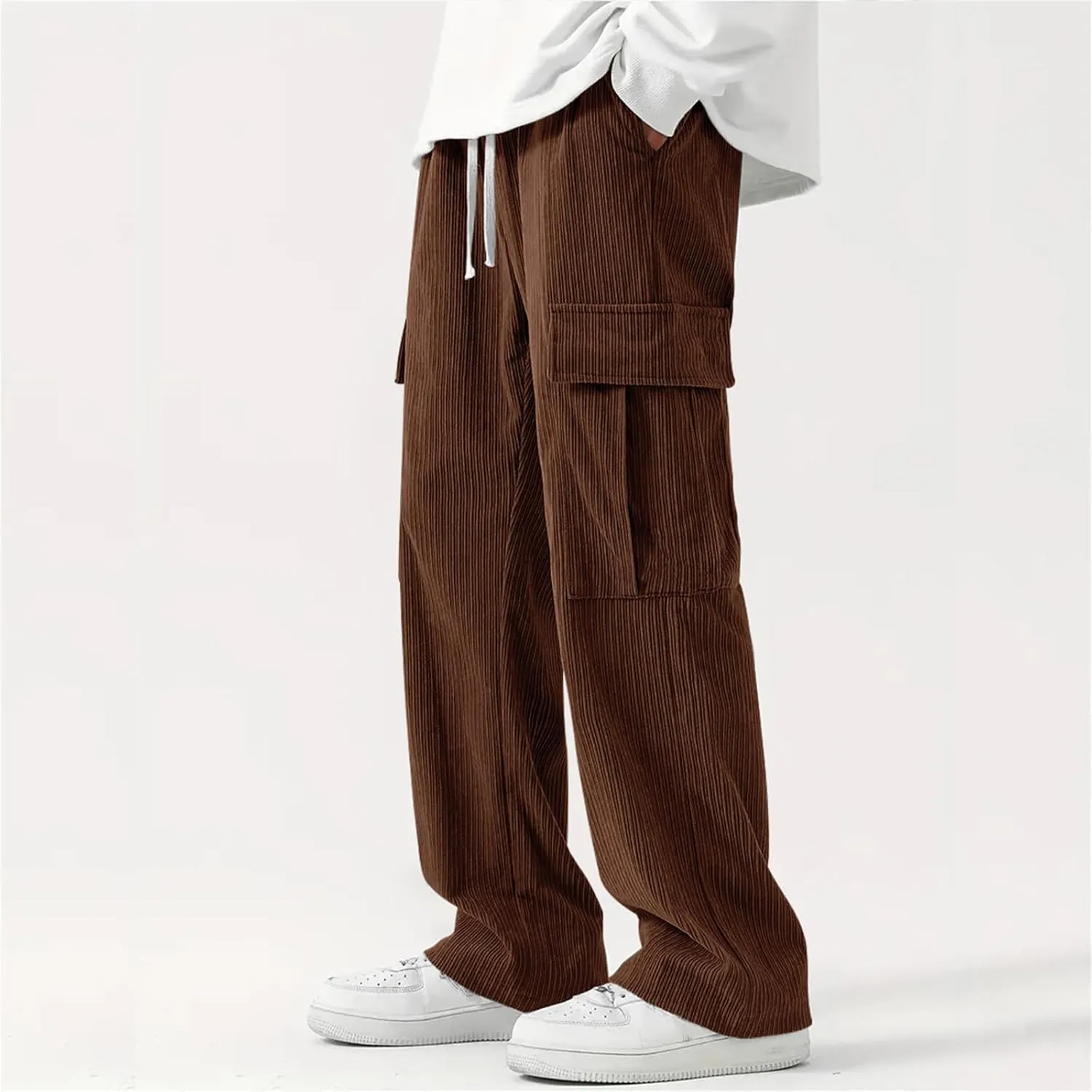 Cargo Pants for Men Corduroy Straight Wide Leg Casual Lightweight Breathable Loose Fit Trendy Soild Trousers Outdoor