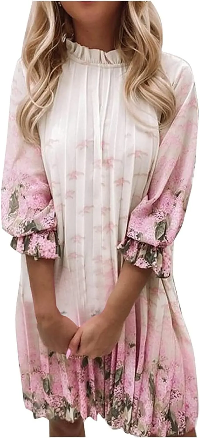 Casual Chiffon Mini Breathable Dresses Soft Women - Flower Long Sleeve Crew Neck Loose Ruffle Dress