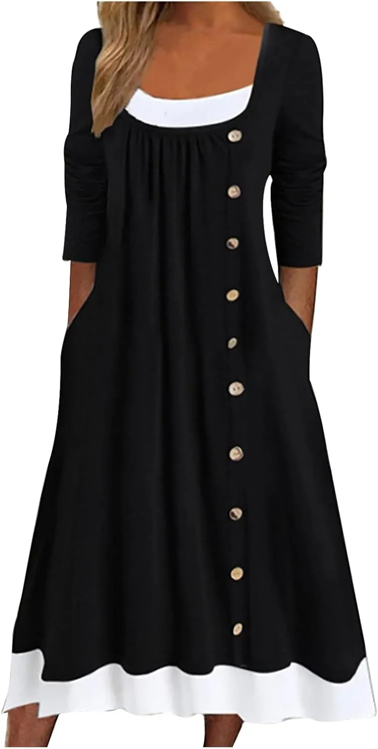 Casual Dresses for Women Long Sleeve Square Neck Buttoned Pleated Midi Dress 2024 Fall Fashion Patchwork Swing Dresses
