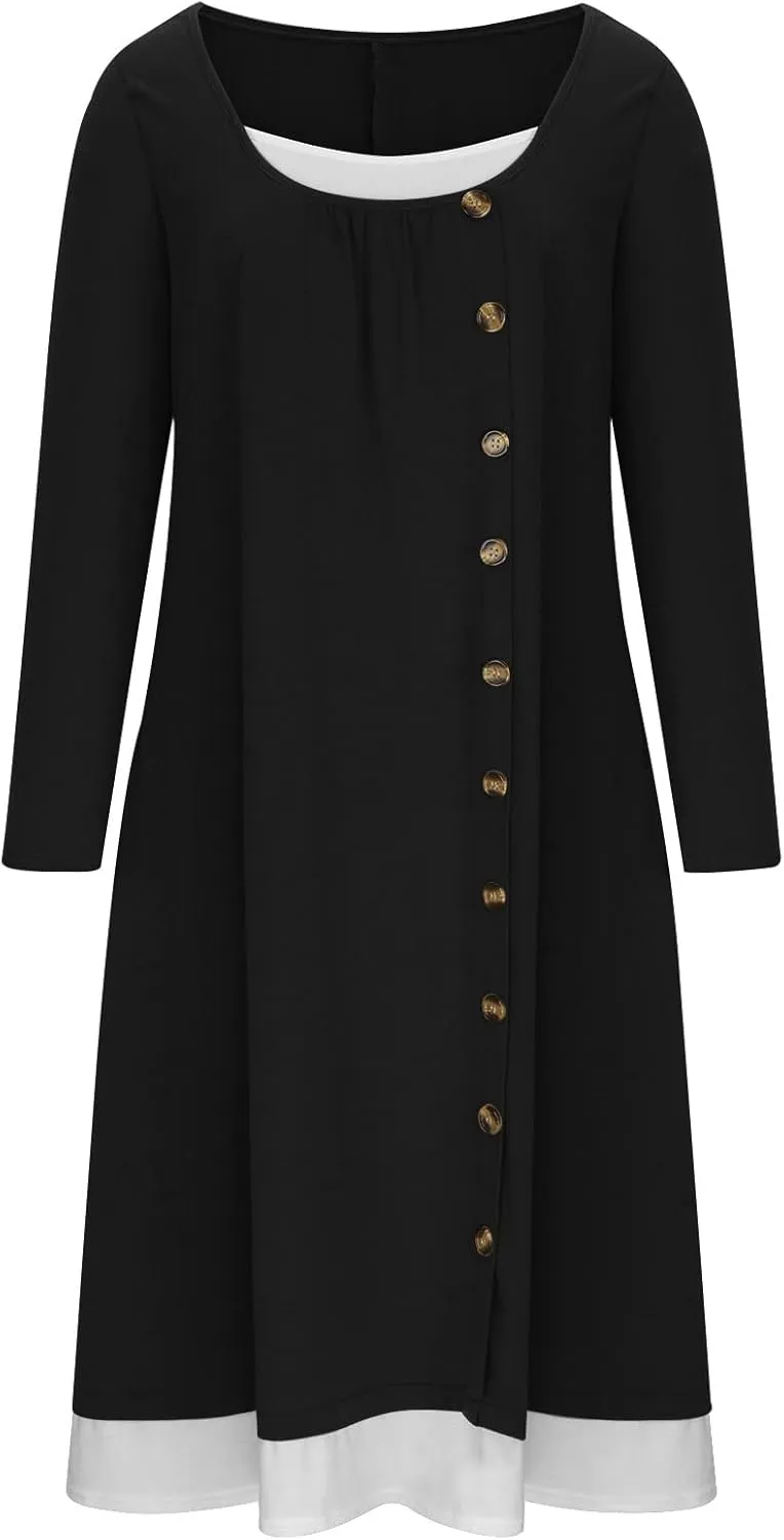 Casual Dresses for Women Long Sleeve Square Neck Buttoned Pleated Midi Dress 2024 Fall Fashion Patchwork Swing Dresses