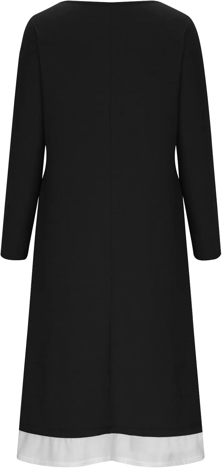 Casual Dresses for Women Long Sleeve Square Neck Buttoned Pleated Midi Dress 2024 Fall Fashion Patchwork Swing Dresses
