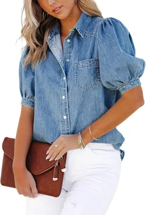 CHARTOU Women's Casual Washed Distressed Puff Sleeve Denim Button Down Shirt Jean Jacket Coat