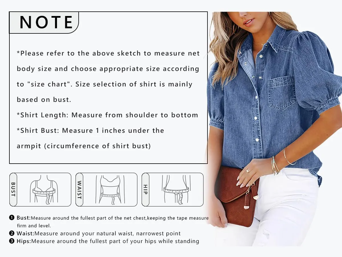 CHARTOU Women's Casual Washed Distressed Puff Sleeve Denim Button Down Shirt Jean Jacket Coat
