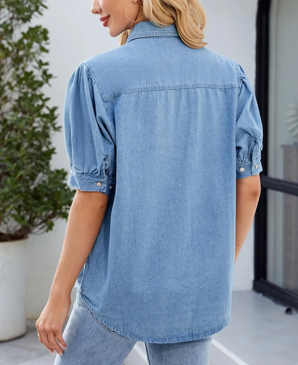 CHARTOU Women's Casual Washed Distressed Puff Sleeve Denim Button Down Shirt Jean Jacket Coat