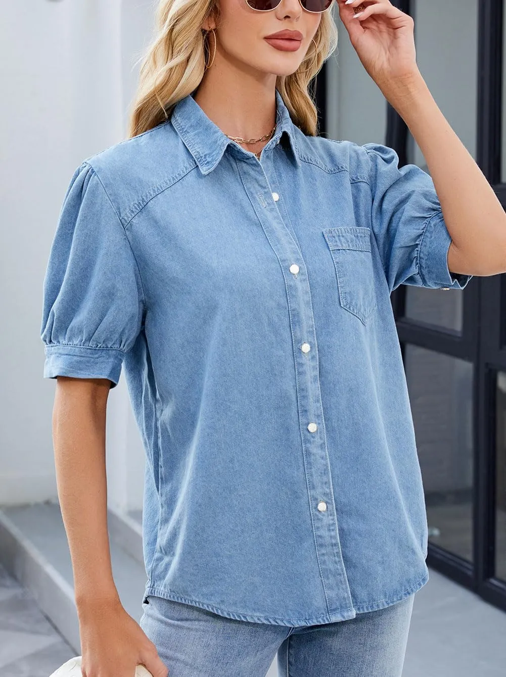 CHARTOU Women's Casual Washed Distressed Puff Sleeve Denim Button Down Shirt Jean Jacket Coat