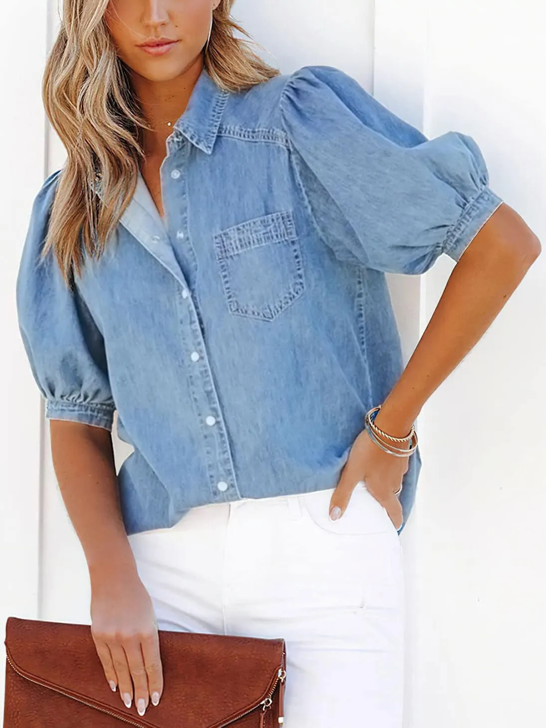 CHARTOU Women's Casual Washed Distressed Puff Sleeve Denim Button Down Shirt Jean Jacket Coat