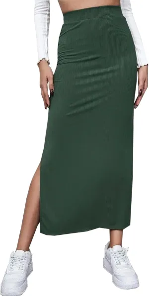 CHARTOU Women's Knitted Stretchy High Waist Straight Slit Pencil Bodycon Long Skirt