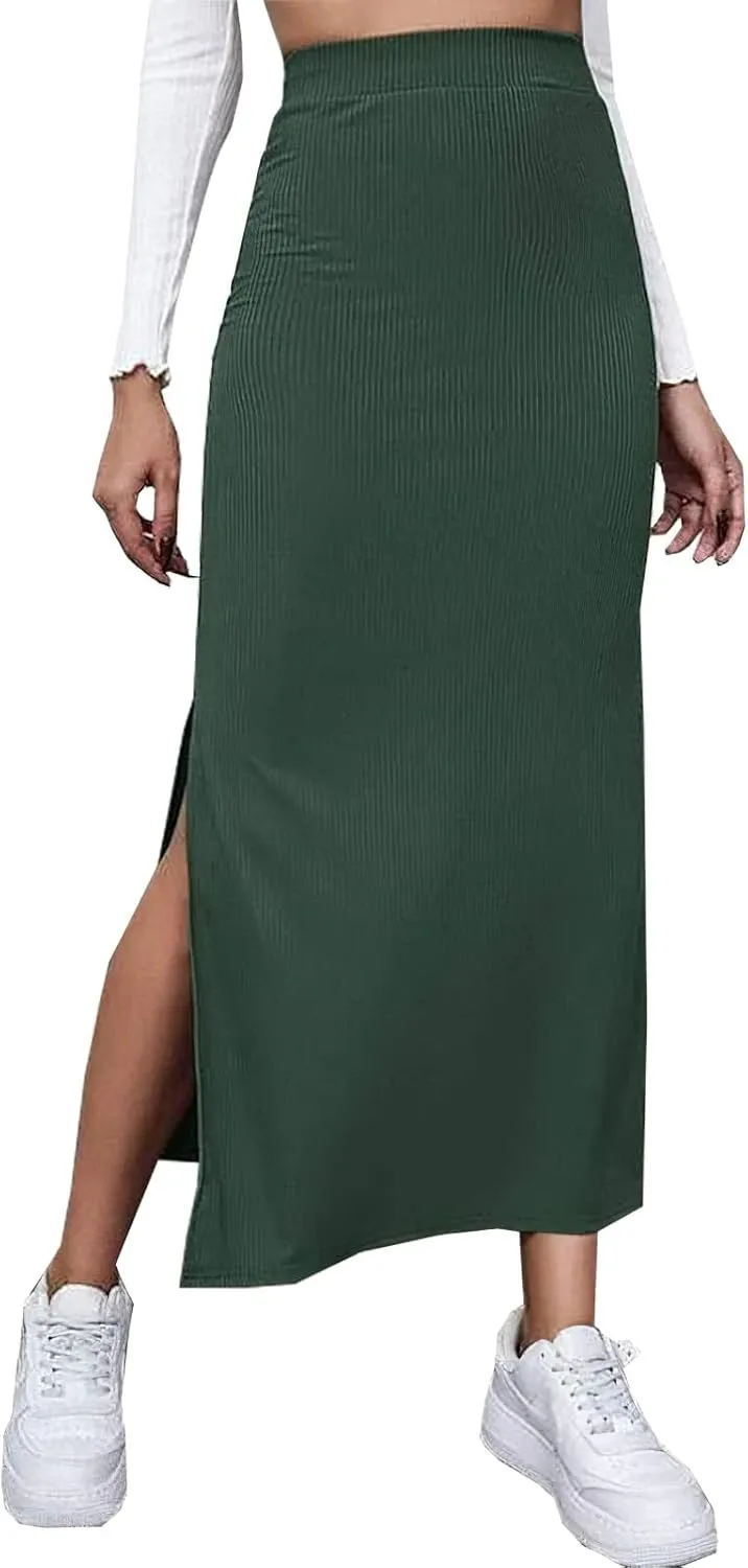 CHARTOU Women's Knitted Stretchy High Waist Straight Slit Pencil Bodycon Long Skirt