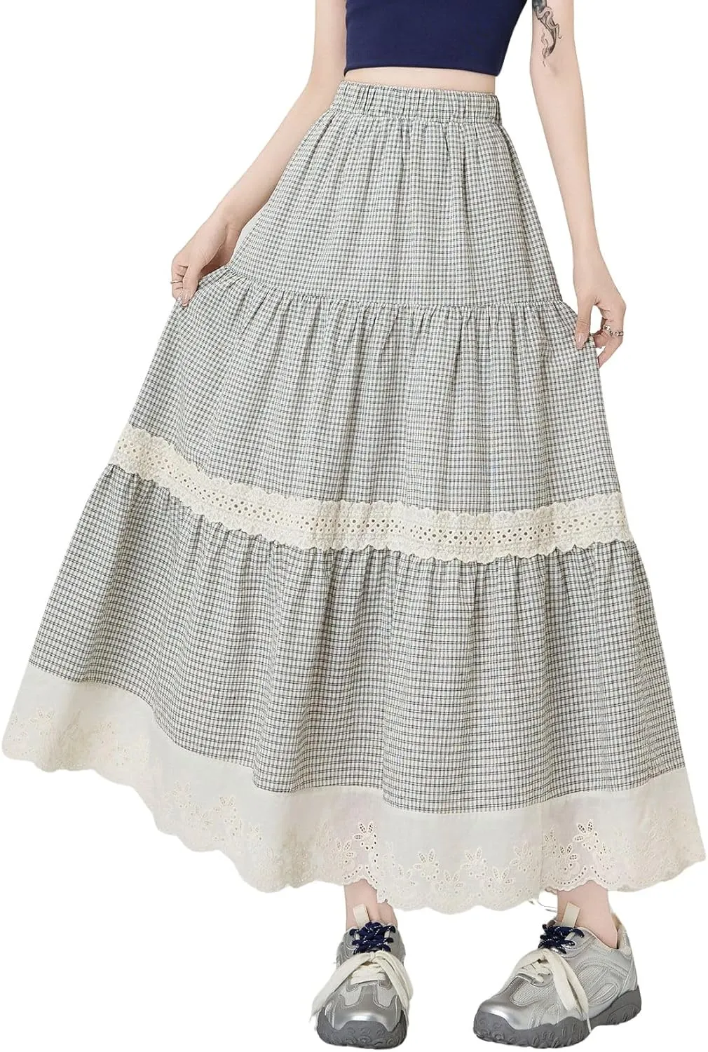 chouyatou Women's Eyelet Embroidery Ruffle Hem Plaid Skirt High Elastic Waist Pleated Swing Long Skirt