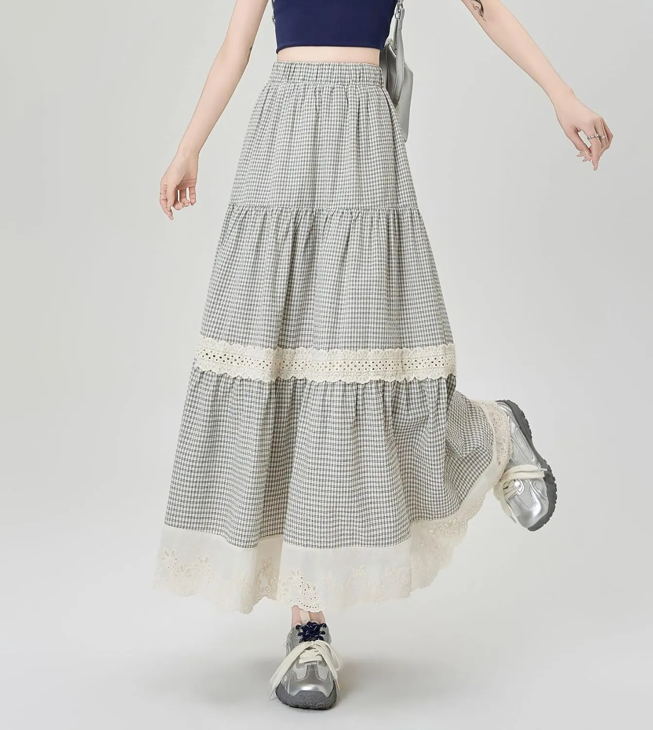 chouyatou Women's Eyelet Embroidery Ruffle Hem Plaid Skirt High Elastic Waist Pleated Swing Long Skirt