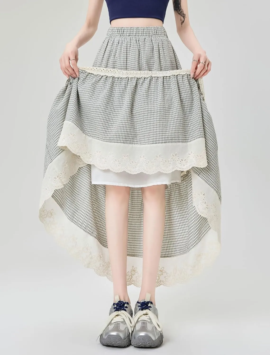 chouyatou Women's Eyelet Embroidery Ruffle Hem Plaid Skirt High Elastic Waist Pleated Swing Long Skirt