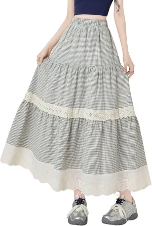 chouyatou Women's Eyelet Embroidery Ruffle Hem Plaid Skirt High Elastic Waist Pleated Swing Long Skirt