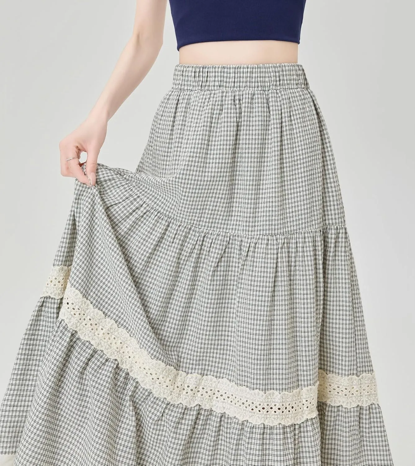 chouyatou Women's Eyelet Embroidery Ruffle Hem Plaid Skirt High Elastic Waist Pleated Swing Long Skirt