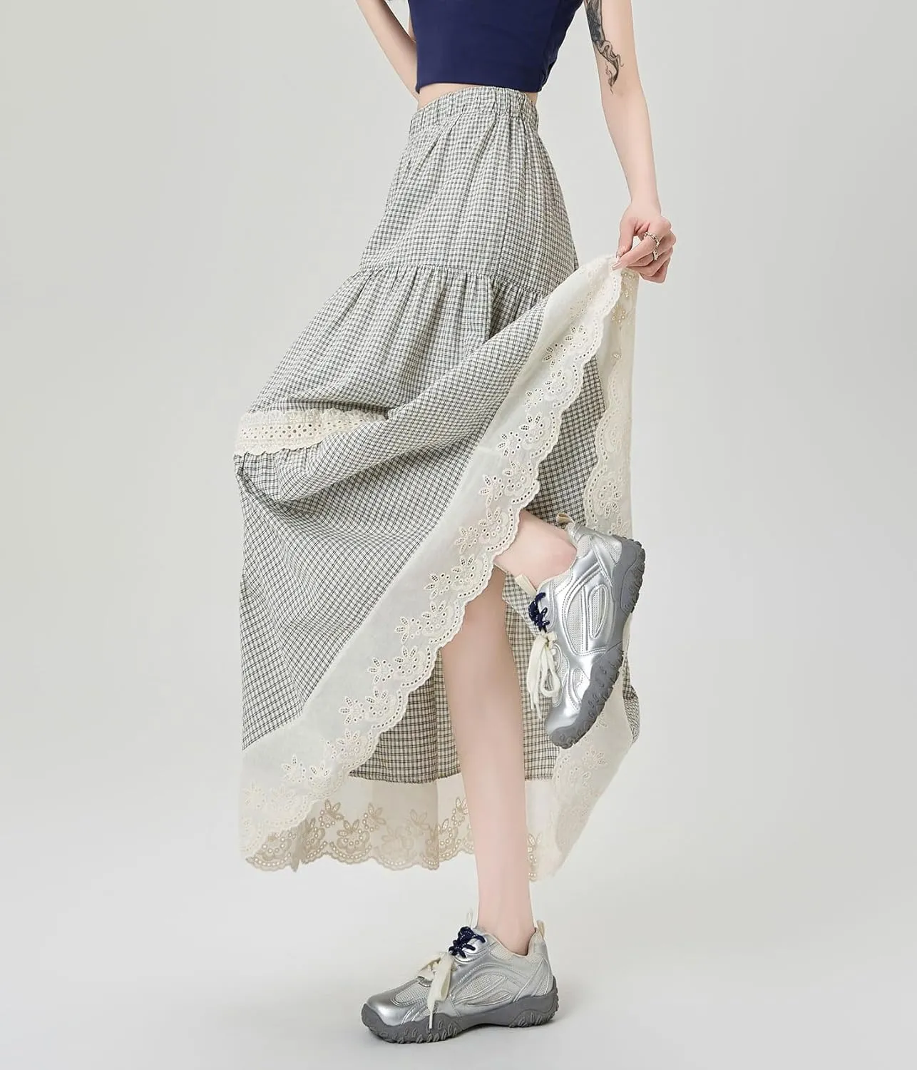 chouyatou Women's Eyelet Embroidery Ruffle Hem Plaid Skirt High Elastic Waist Pleated Swing Long Skirt