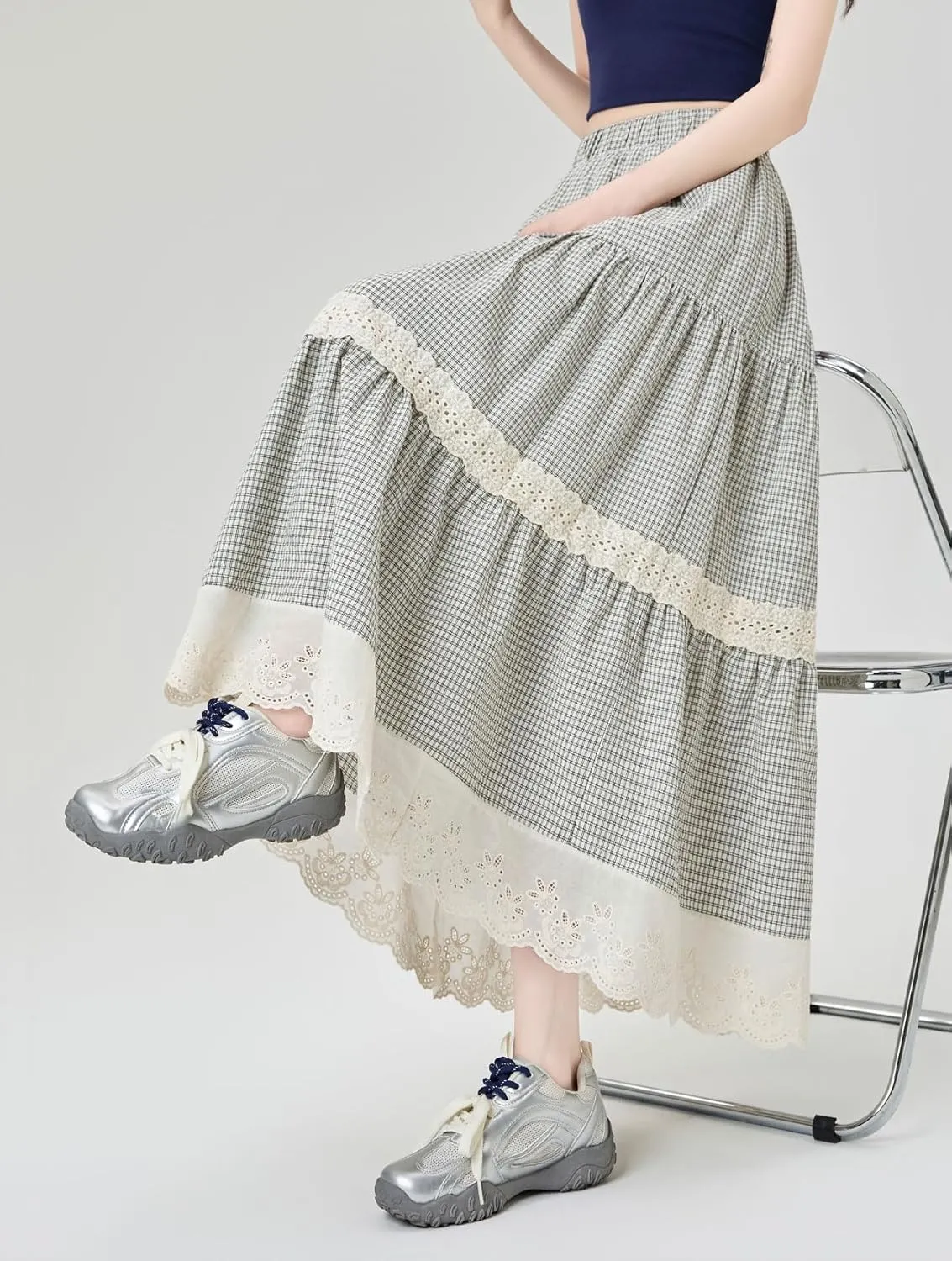 chouyatou Women's Eyelet Embroidery Ruffle Hem Plaid Skirt High Elastic Waist Pleated Swing Long Skirt