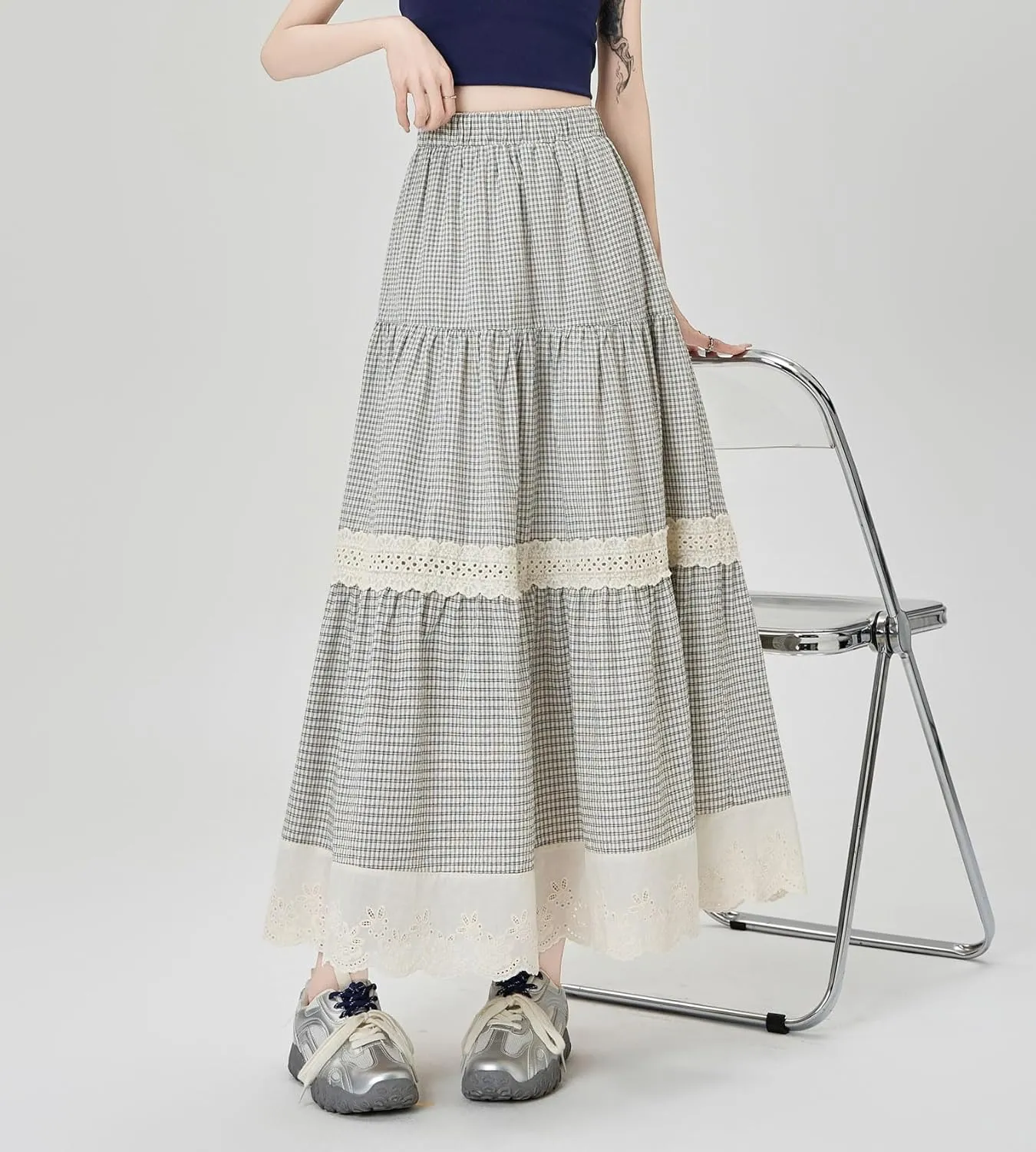 chouyatou Women's Eyelet Embroidery Ruffle Hem Plaid Skirt High Elastic Waist Pleated Swing Long Skirt