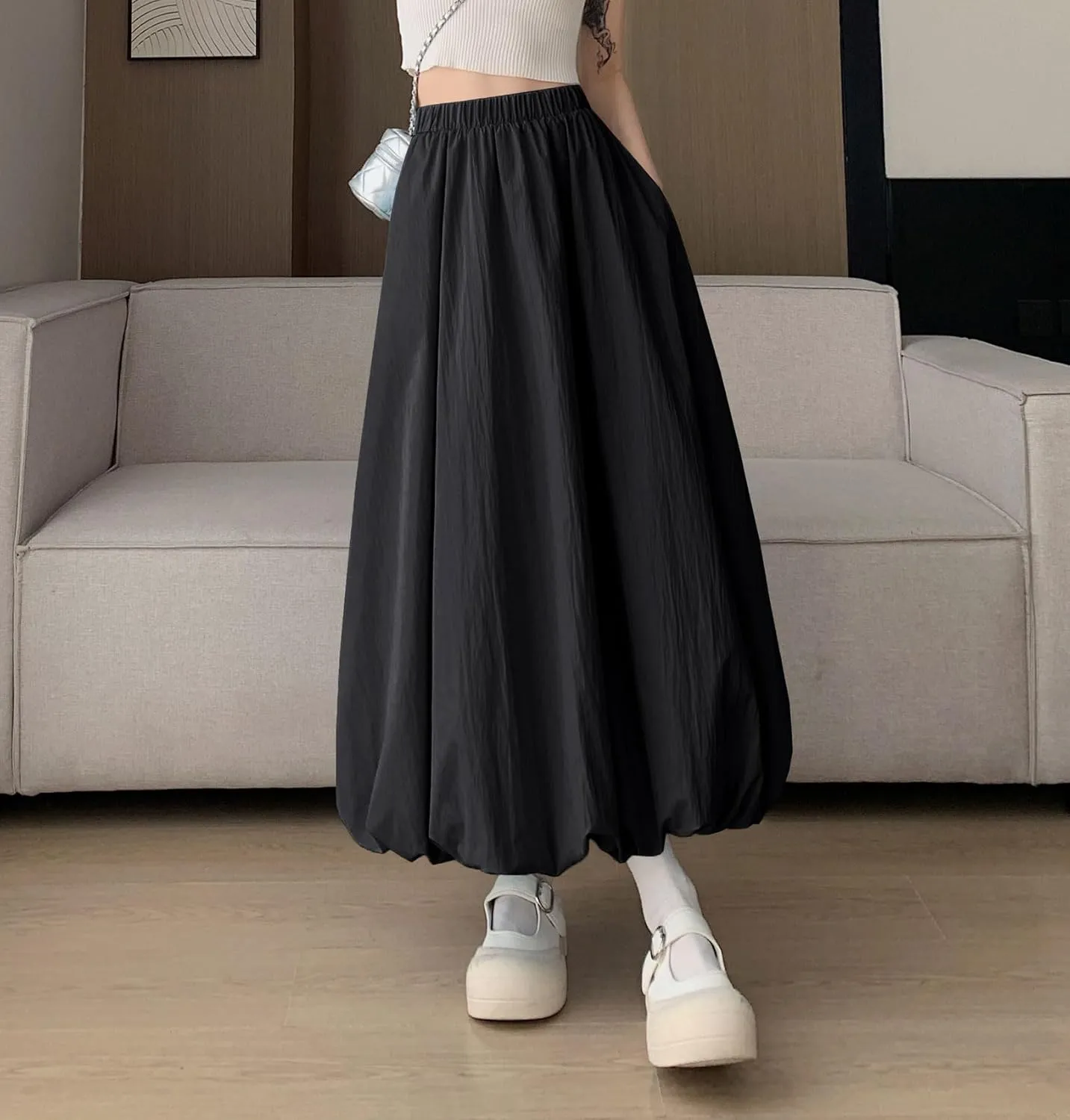 chouyatou Women's Retro Plaid Bubble Puffy Skirt High Elastic Waist A Line Swing Midi Long Skirt with Pockets
