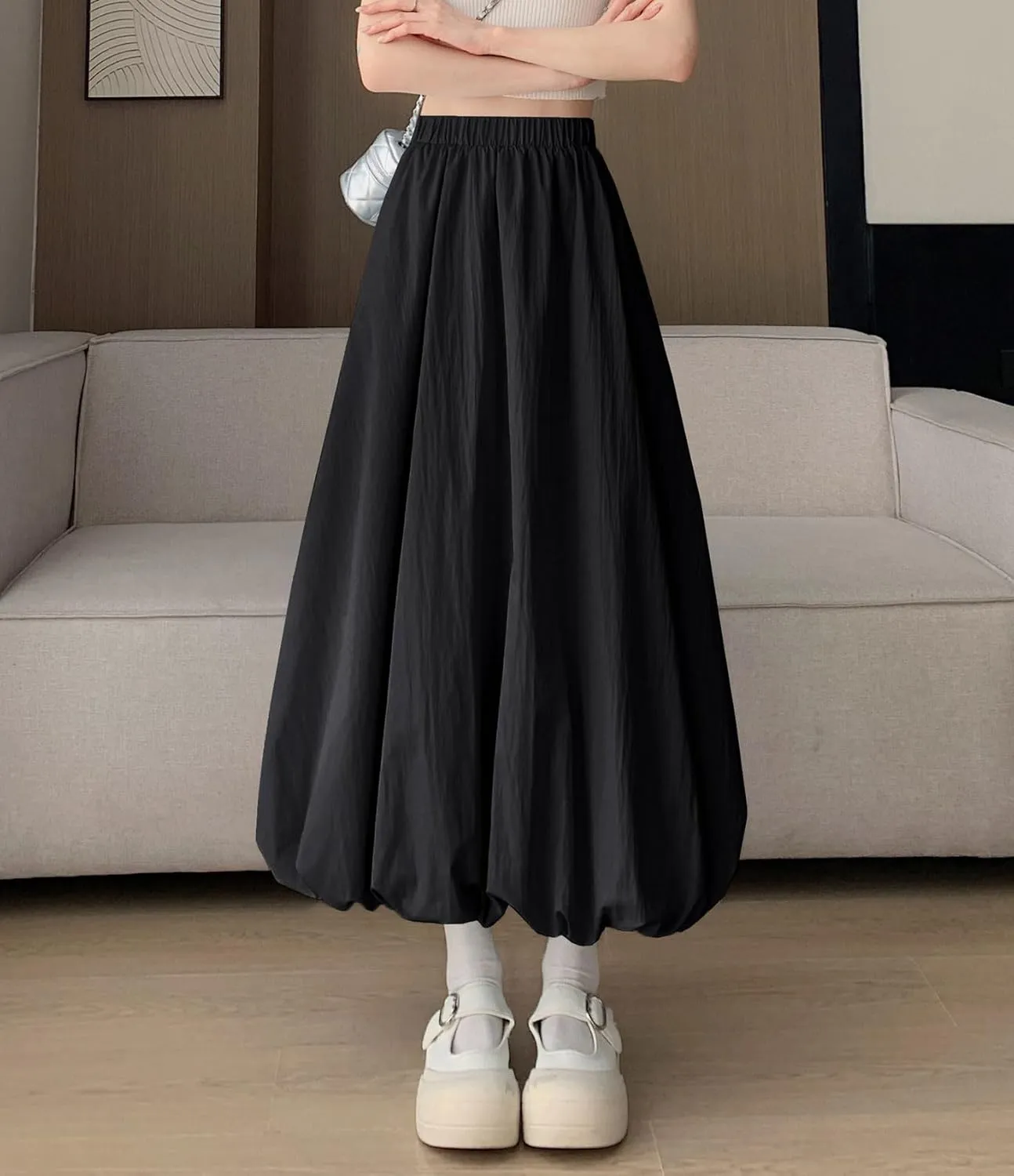 chouyatou Women's Retro Plaid Bubble Puffy Skirt High Elastic Waist A Line Swing Midi Long Skirt with Pockets