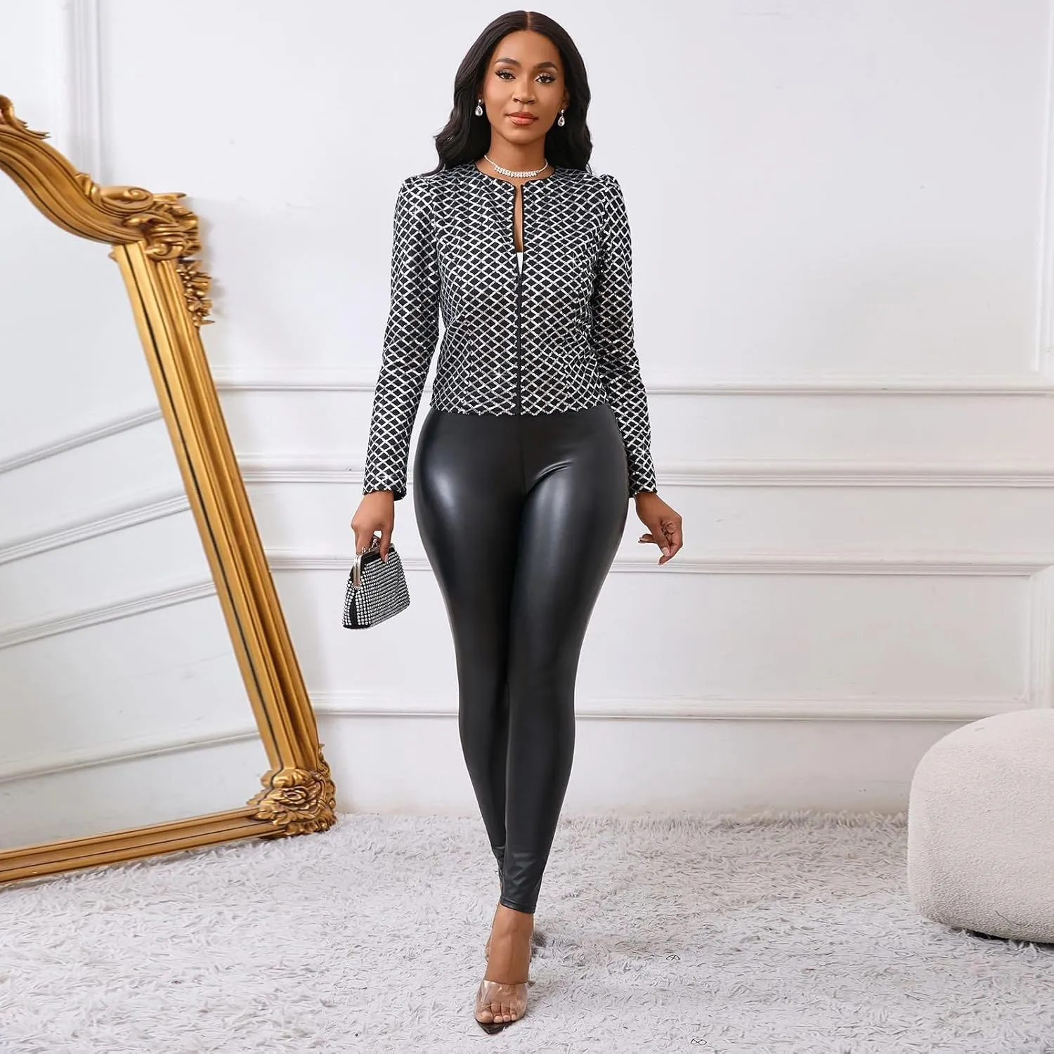 Cololura Women Casual Open Front Sequin Jackets Cardigan Glitter Long Sleeve Short Coats Crop Blazer