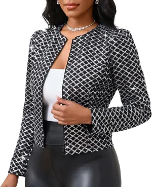 Cololura Women Casual Open Front Sequin Jackets Cardigan Glitter Long Sleeve Short Coats Crop Blazer