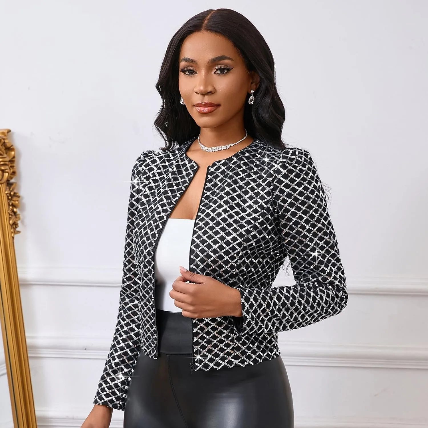 Cololura Women Casual Open Front Sequin Jackets Cardigan Glitter Long Sleeve Short Coats Crop Blazer