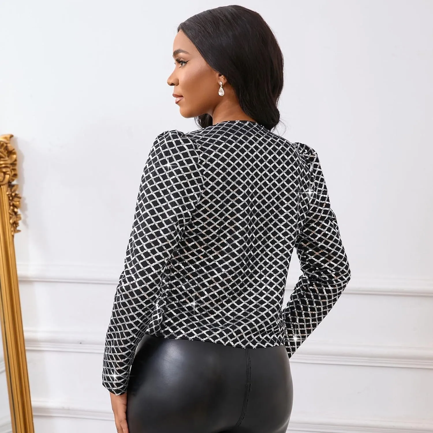Cololura Women Casual Open Front Sequin Jackets Cardigan Glitter Long Sleeve Short Coats Crop Blazer