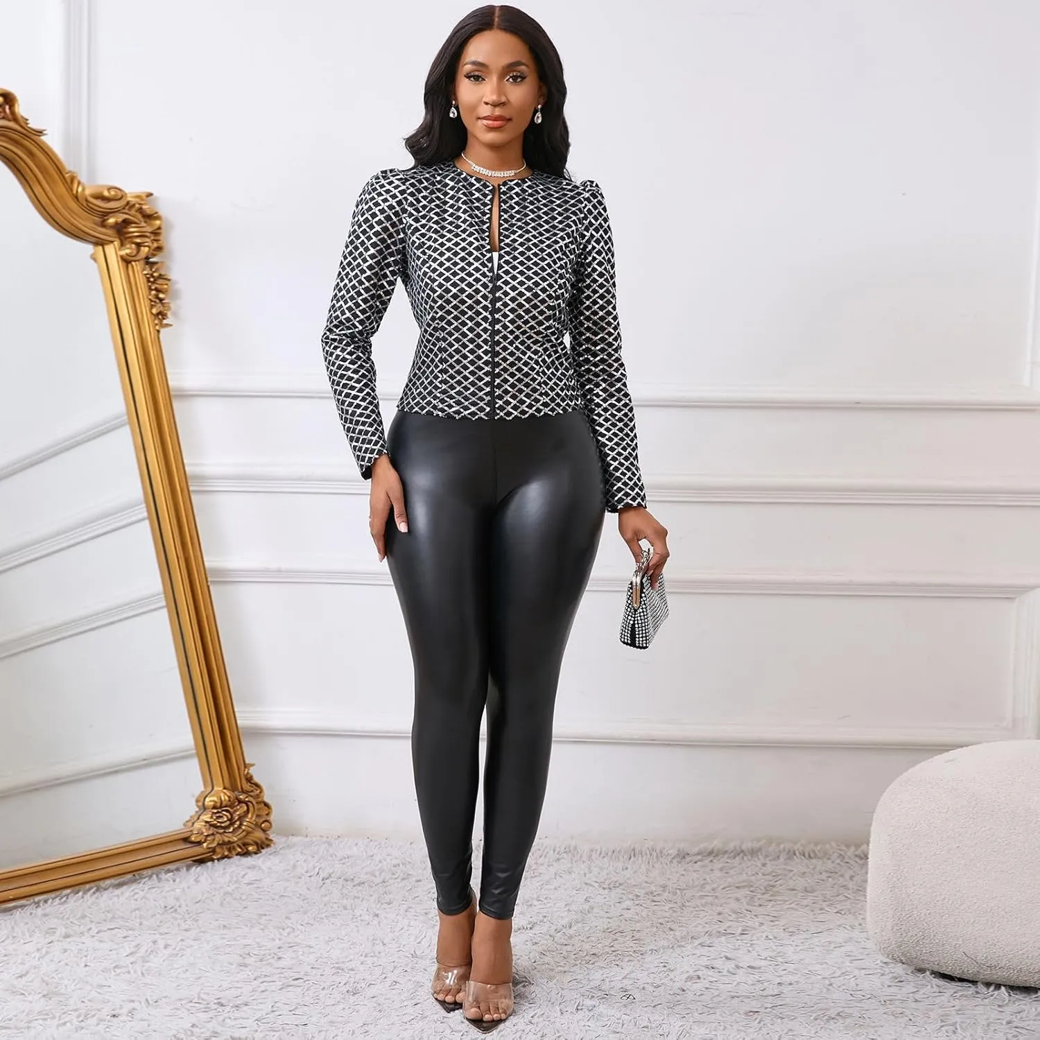 Cololura Women Casual Open Front Sequin Jackets Cardigan Glitter Long Sleeve Short Coats Crop Blazer