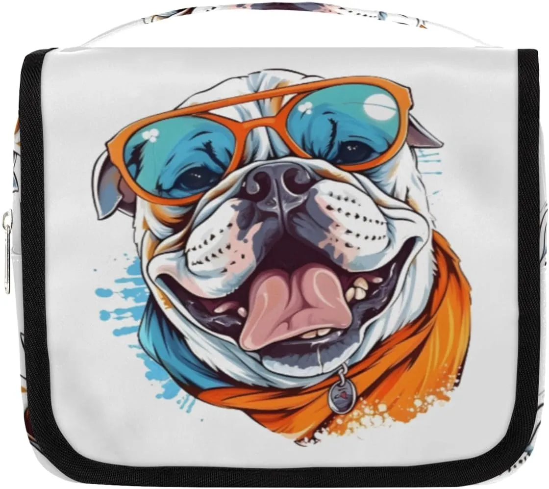 Cool Glass Dog Hanging Travel Toiletry Bag Kit Makeup Case Cosmetics Organizer Bulldog Toiletry Bag for Women Make up Accessories Shampoo Body Cream Brushes Set