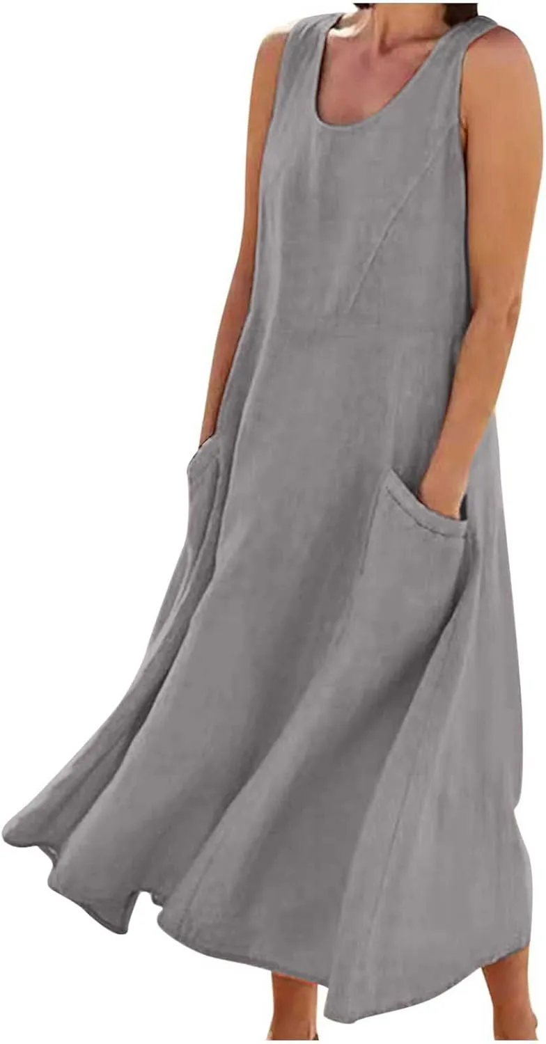 Cotton Linen Dresses for Women 2025 Casual Sleeveless Long Tank Summer Maxi Dress Casual Spring Beach Vacation Outfits
